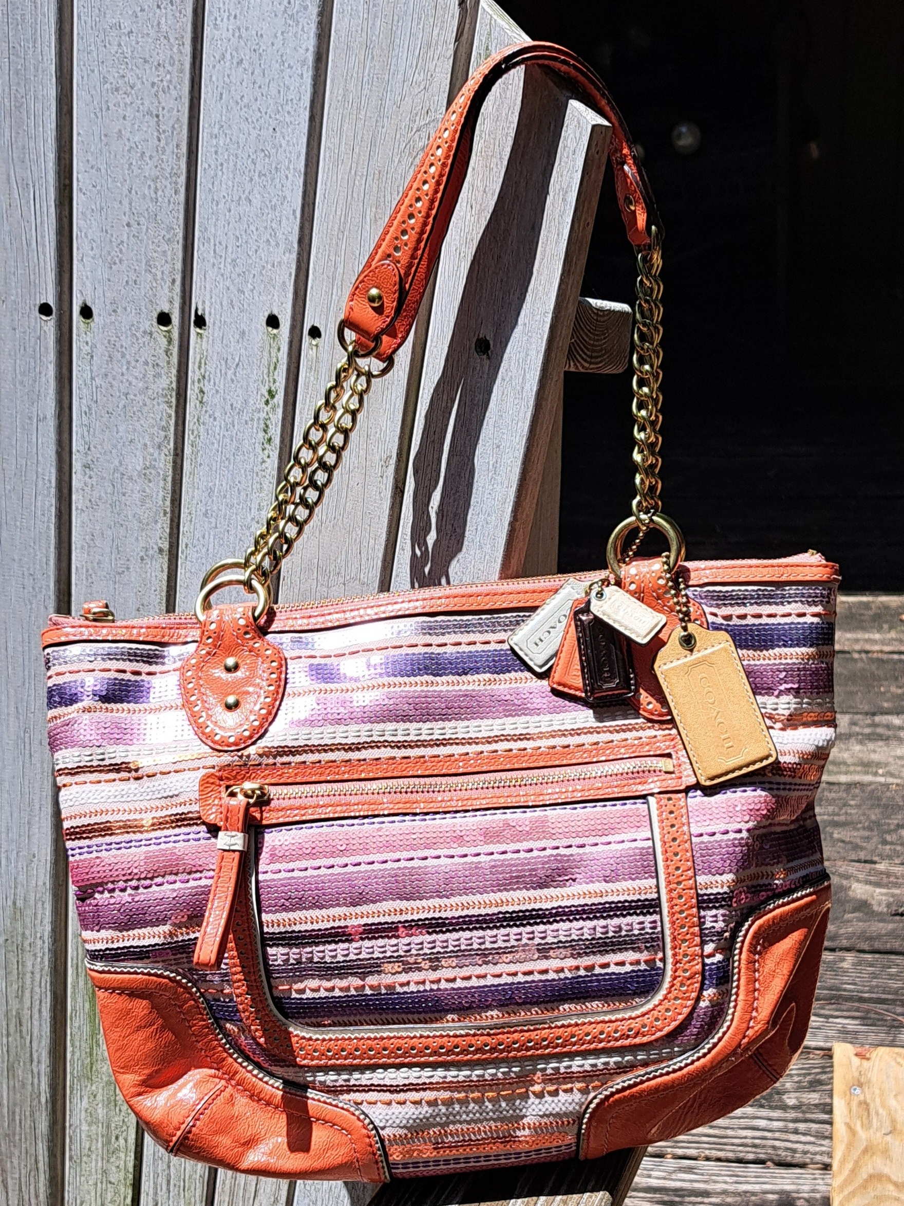 Coach Y2k Striped Pink, Orange & Purple Shoulder Bag With Gold Chain